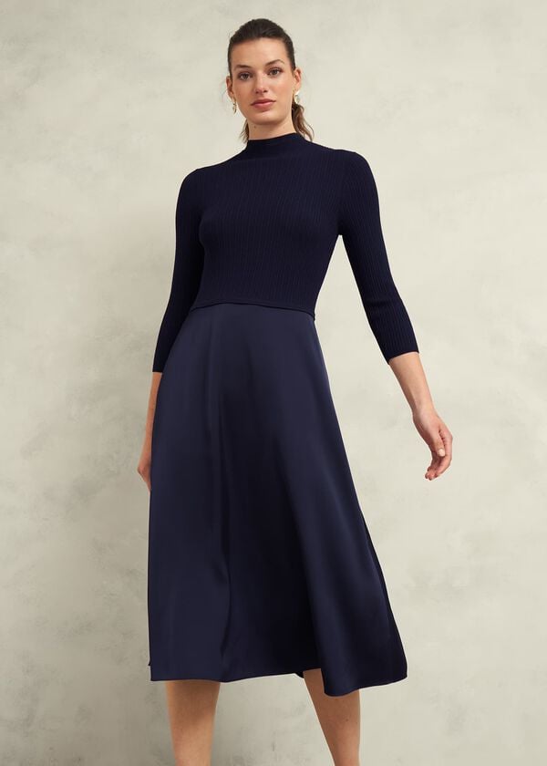hobbs Trina Satin Knitted Dresses Hobbs Navy