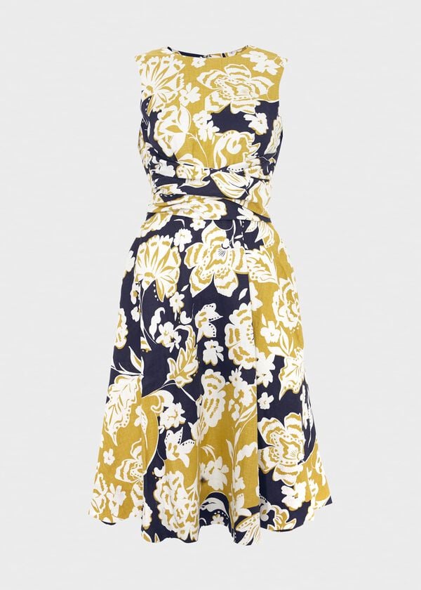 Hobbs Twitchill Linen Dress Navy Yellow