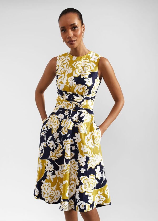 Hobbs Twitchill Linen Dress Navy Yellow