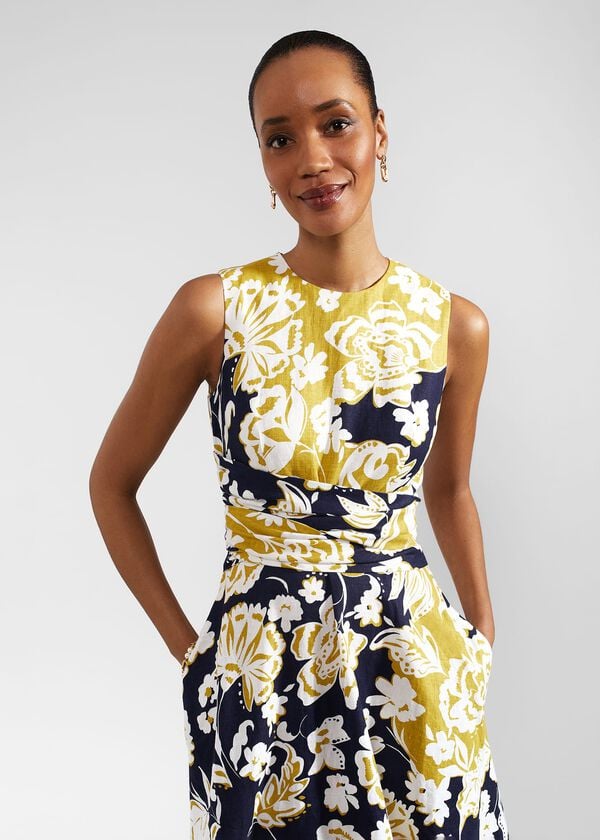 Hobbs Twitchill Linen Dress Navy Yellow