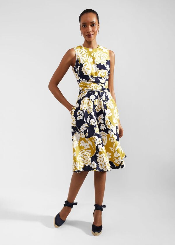 hobbs Twitchill Linen Dress Navy Yellow
