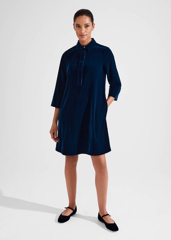 Hobbs Velvet Marciella Dress Steel Blue