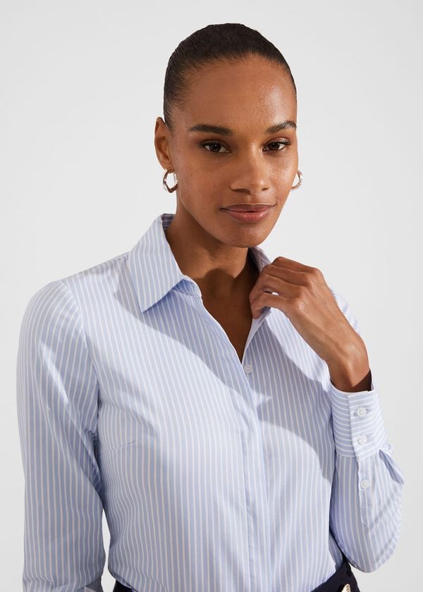 Hobbs Victoria Cotton Blend Shirt Pale Blue White