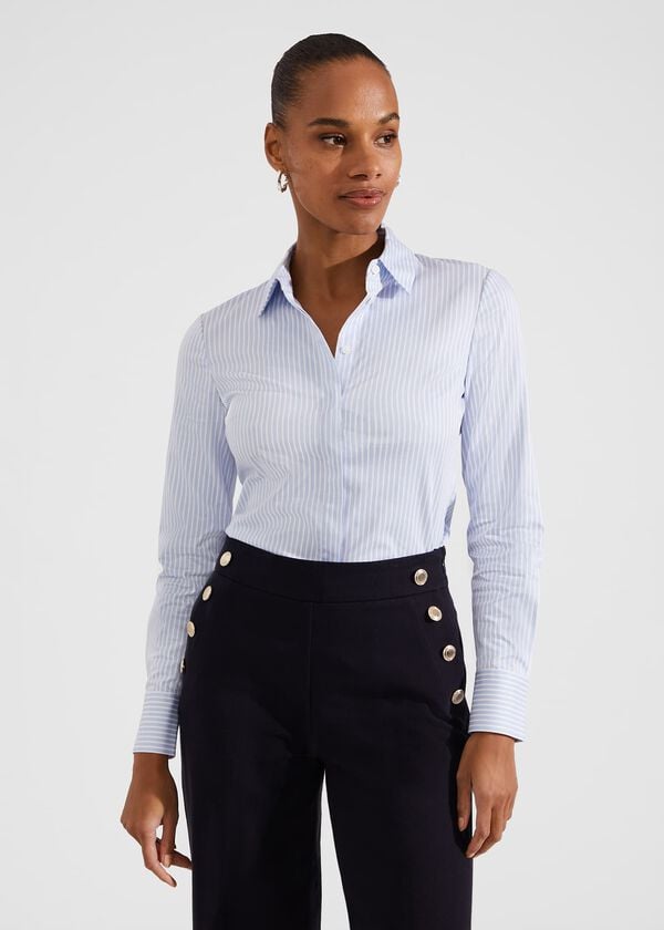 hobbs Victoria Cotton Blend Shirt Pale Blue White