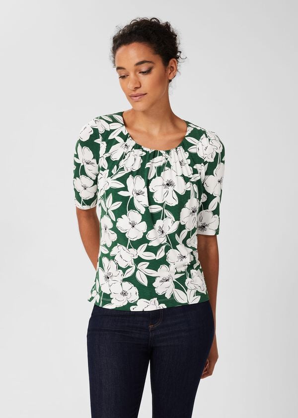 Hobbs Viola Printed Top Forest Green