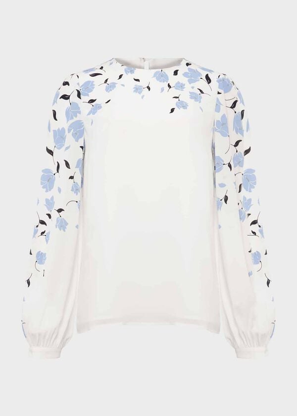 Hobbs Zeoy Floral Puff Sleeve Blouse Ivory Blue