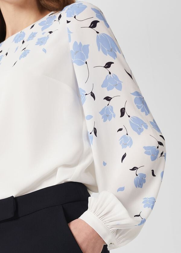 Hobbs Zeoy Floral Puff Sleeve Blouse Ivory Blue