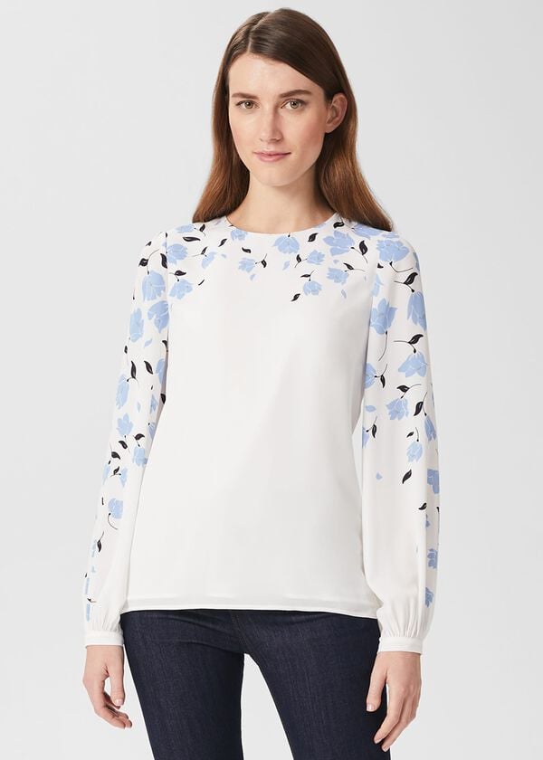 hobbs Zeoy Floral Puff Sleeve Blouse Ivory Blue