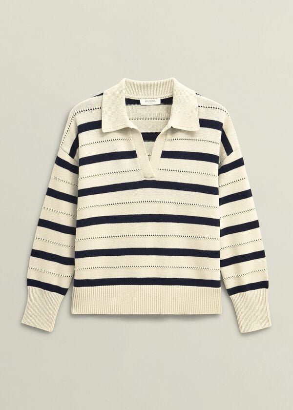 Hobbs Ivory Beauford Cotton Stripe Polo Knitted Jumper Cream Navy