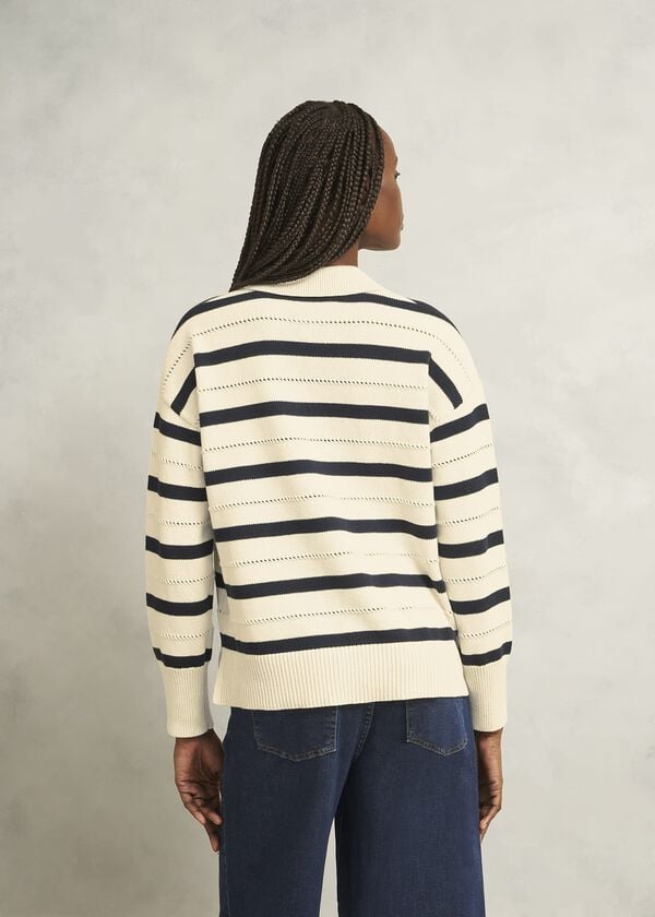 Hobbs Ivory Beauford Cotton Stripe Polo Knitted Jumper Cream Navy