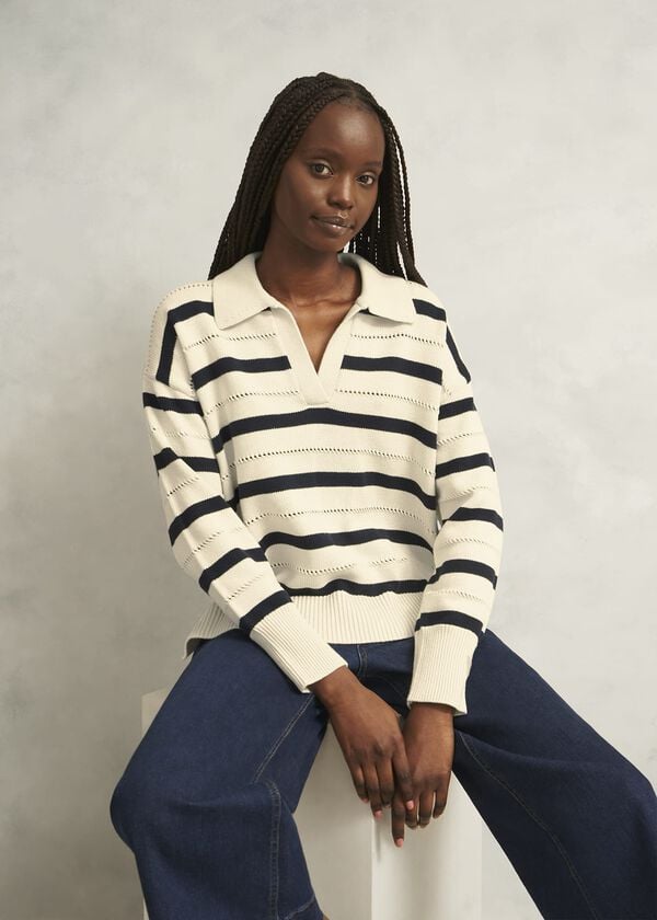 hobbs Ivory Beauford Cotton Stripe Polo Knitted Jumper Cream Navy
