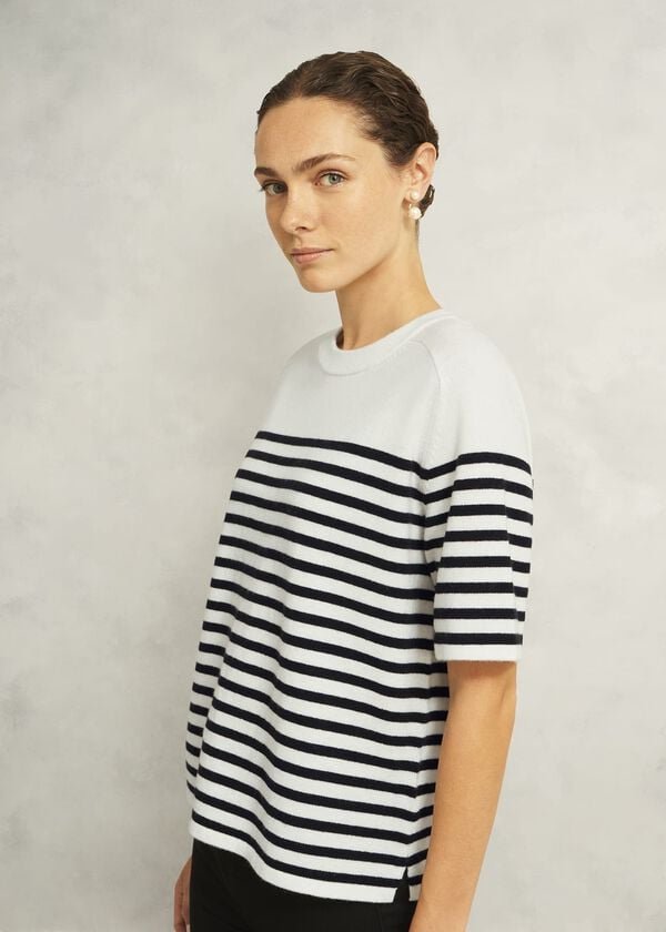 Hobbs Ivory Demi Wool Blend Short Sleeve Knitted T-Shirt Ivory Navy
