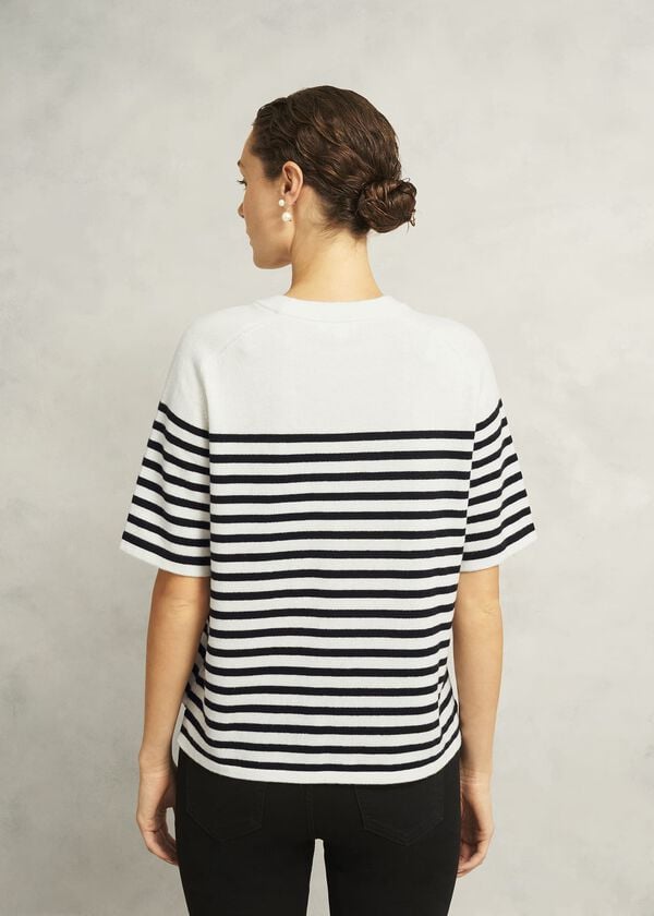 Hobbs Ivory Demi Wool Blend Short Sleeve Knitted T-Shirt Ivory Navy