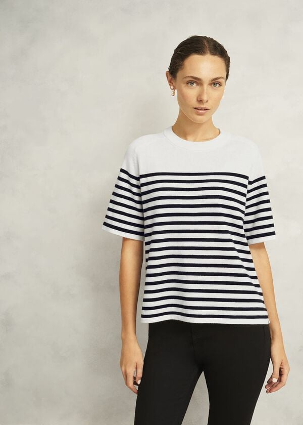 hobbs Ivory Demi Wool Blend Short Sleeve Knitted T-Shirt Ivory Navy