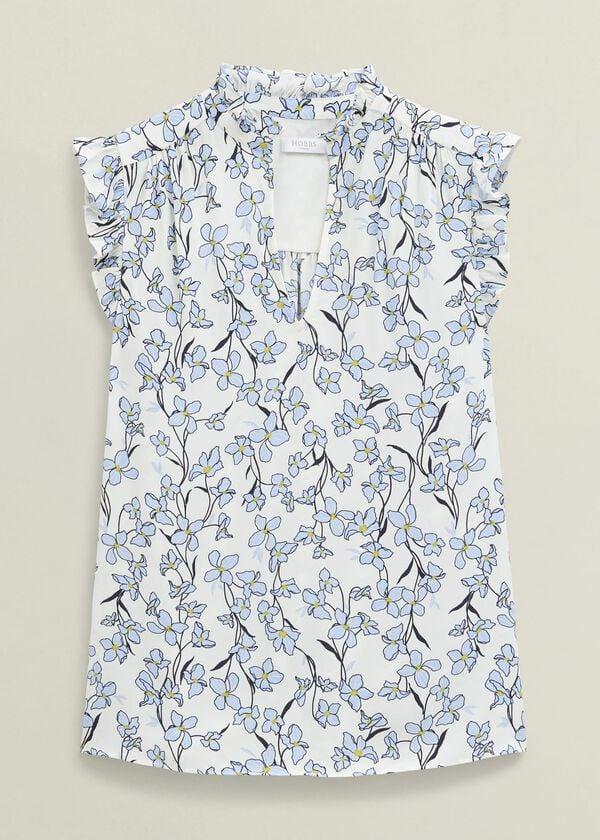 Hobbs Ivory Floral Jules Top With Frill Sleeve Ivory Blue