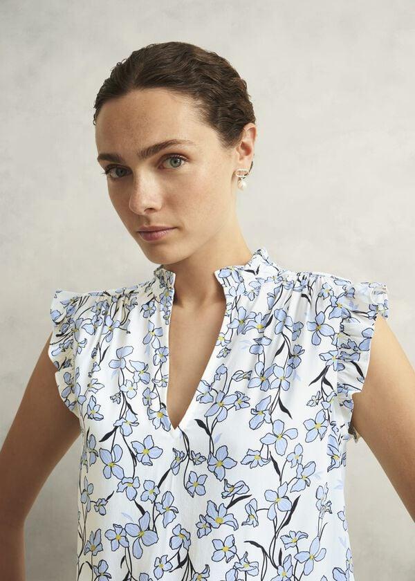 Hobbs Ivory Floral Jules Top With Frill Sleeve Ivory Blue