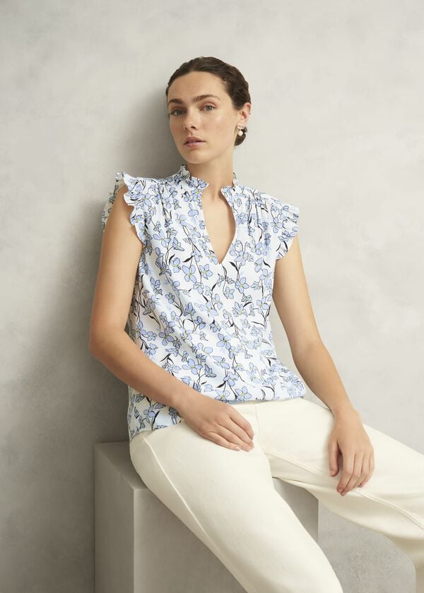 hobbs Ivory Floral Jules Top with Frill Sleeve Ivory Blue