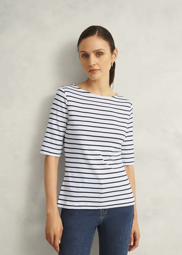 hobbs Ivory Katie Cotton Stripe Button Back Top White Navy