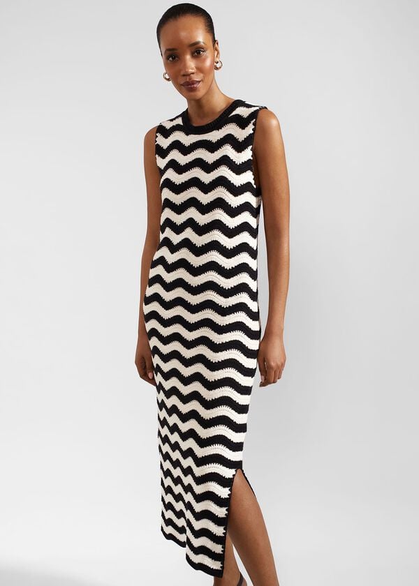 Hobbs Lyon Cotton Textured Knitted Dress Black Cream
