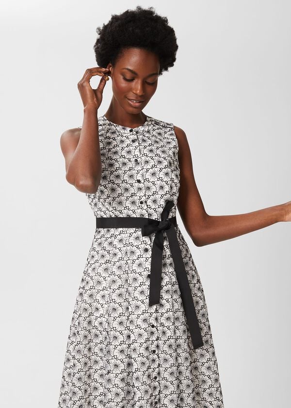 Hobbs Lyra Embroidered Fit And Flare Dress Ivory Black