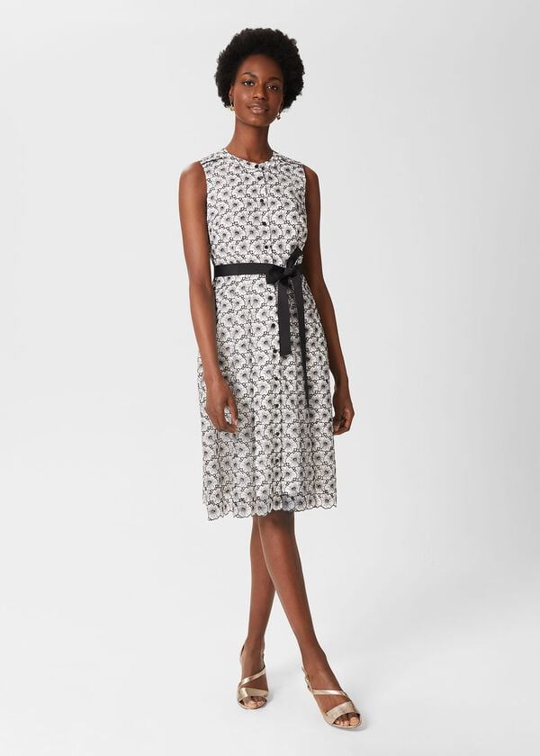 hobbs Lyra Embroidered Fit And Flare Dress Ivory Black