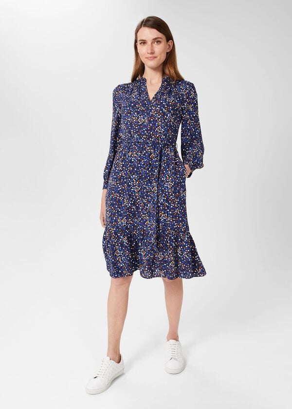 hobbs Mallory Belted Fit And Flare Dress Blue Multi