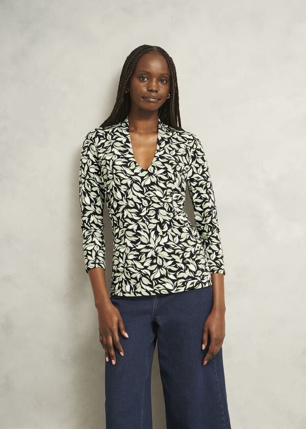 hobbs Navy Aimee Printed V Neck 3/4 Sleeve Top Navy Green
