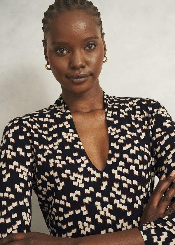 Hobbs Navy Aimee Printed V Neck 3/4 Sleeve Top Navy Ivory