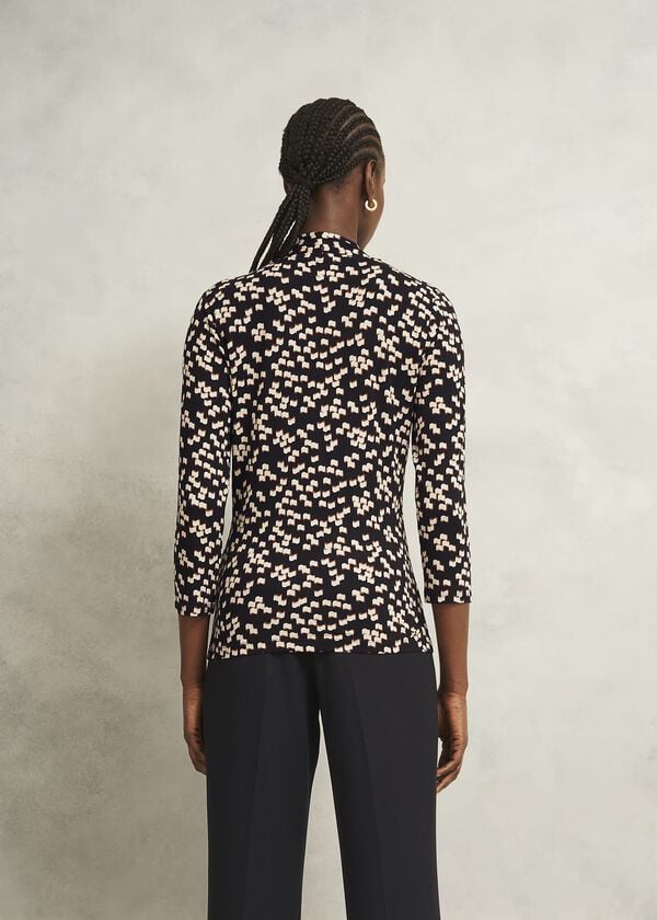 Hobbs Navy Aimee Printed V Neck 3/4 Sleeve Top Navy Ivory
