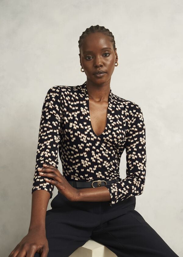 hobbs Navy Aimee Printed V Neck 3/4 Sleeve Top Navy Ivory