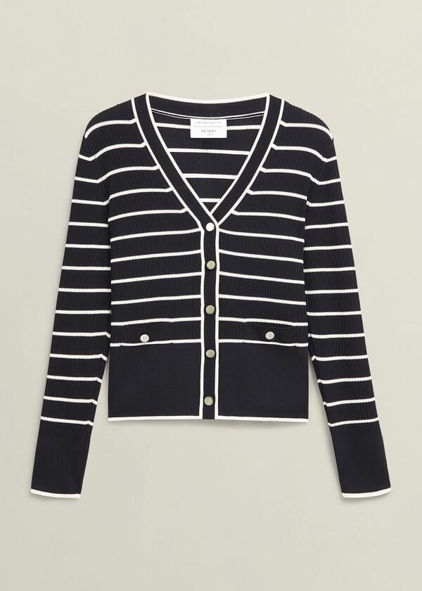 Hobbs Navy Belmont Striped Knitted V Neck Cardigan Black Cream