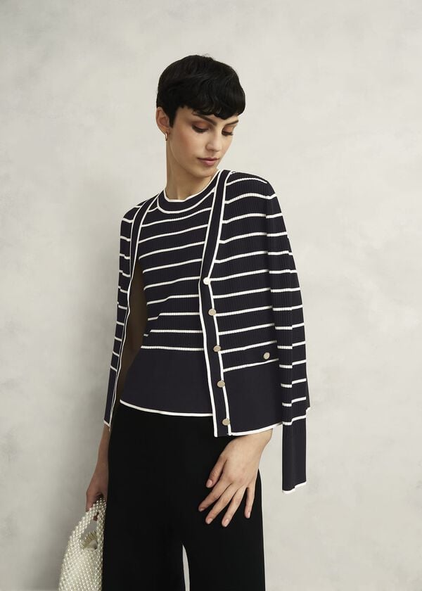 Hobbs Navy Belmont Striped Knitted V Neck Cardigan Black Cream