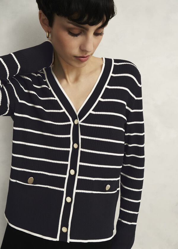Hobbs Navy Belmont Striped Knitted V Neck Cardigan Black Cream