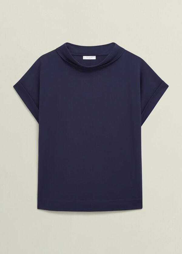 Hobbs Navy Catriona Cotton Boat Neck Short Sleeve Top Midnight Navy