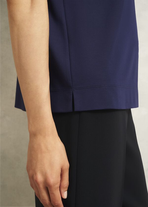 Hobbs Navy Catriona Cotton Boat Neck Short Sleeve Top Midnight Navy