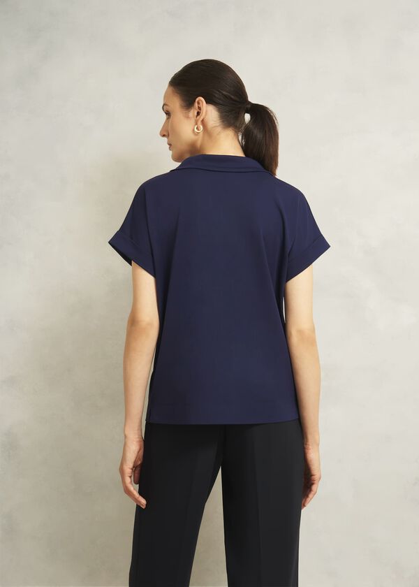 Hobbs Navy Catriona Cotton Boat Neck Short Sleeve Top Midnight Navy