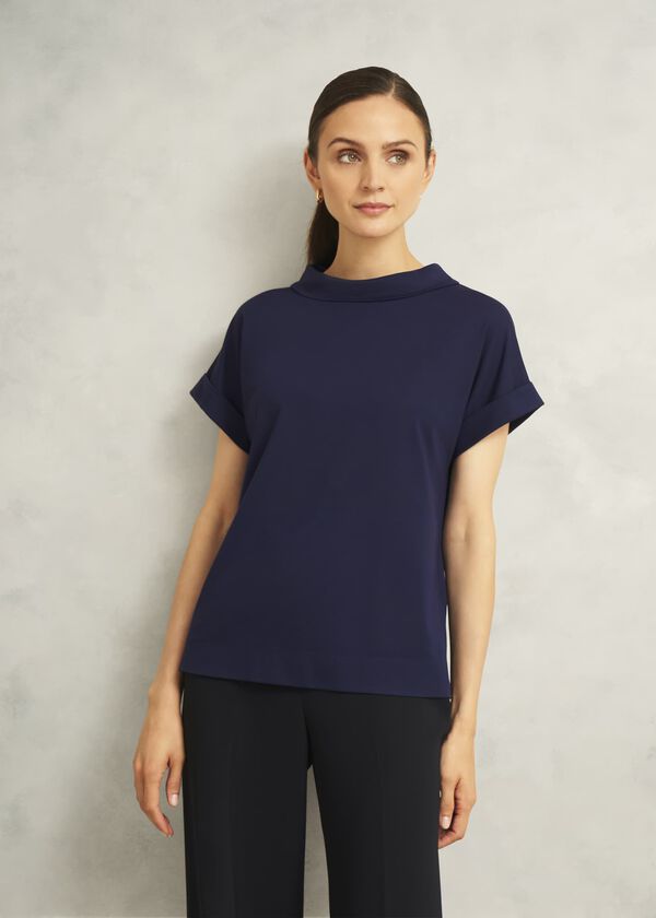 hobbs Navy Catriona Cotton Boat Neck Short Sleeve Top Midnight Navy