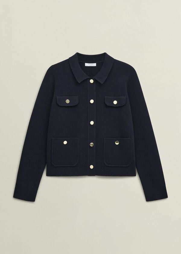 Hobbs Navy Christa Cotton Pocket Detail Collared Knitted Jacket Hobbs Navy