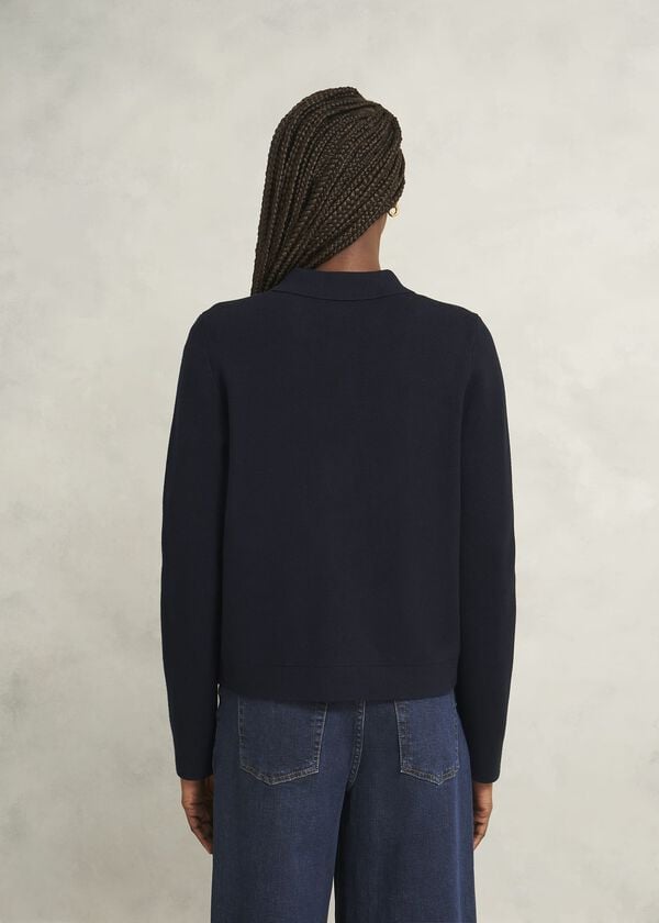 Hobbs Navy Christa Cotton Pocket Detail Collared Knitted Jacket Hobbs Navy