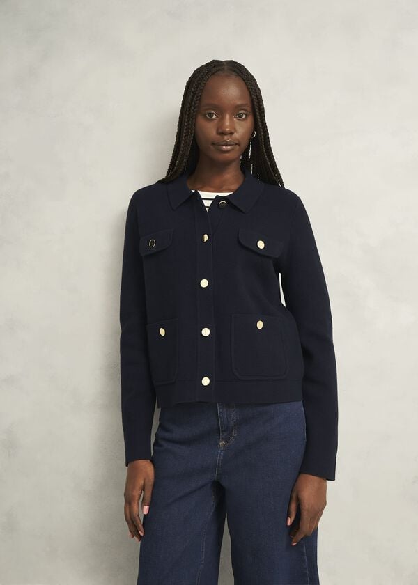 hobbs Navy Christa Cotton Pocket Detail Collared Knitted Jacket Hobbs Navy