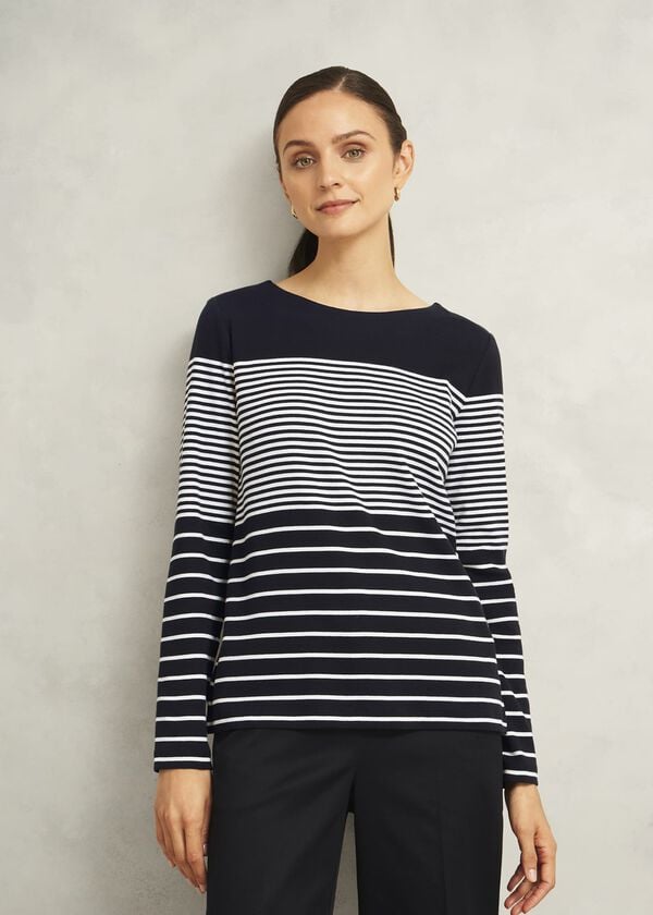 hobbs Navy Constance Cotton Striped Long Sleeve Top Navy Ivory