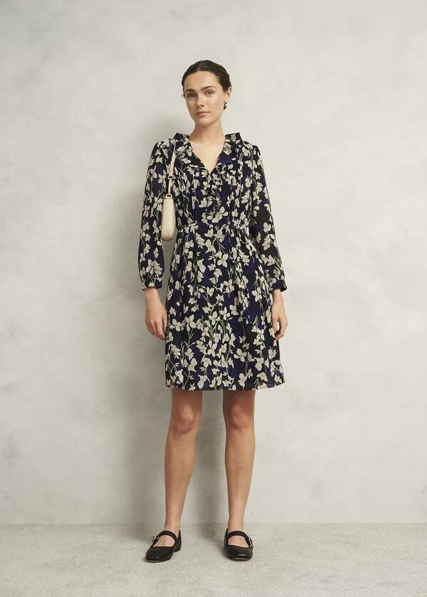 hobbs Navy Floral Zoe Dress with Ruffle Neck Navy Multi
