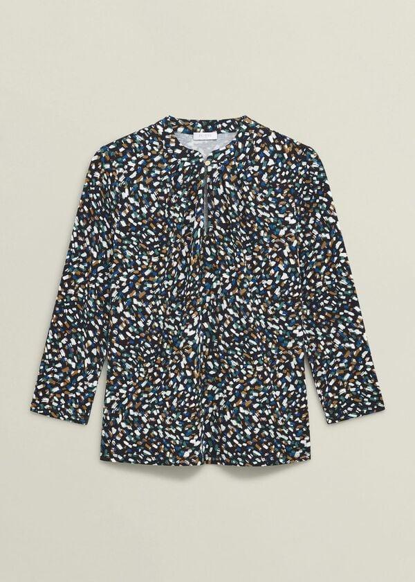 Hobbs Navy Margot Printed Button Key Hole 3/4 Sleeve Top Blue Multi