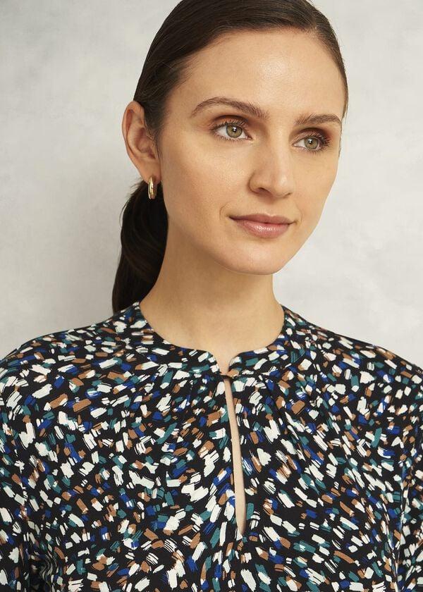 Hobbs Navy Margot Printed Button Key Hole 3/4 Sleeve Top Blue Multi