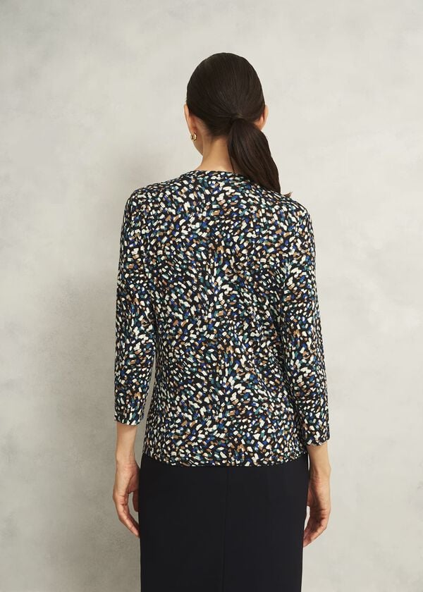 Hobbs Navy Margot Printed Button Key Hole 3/4 Sleeve Top Blue Multi