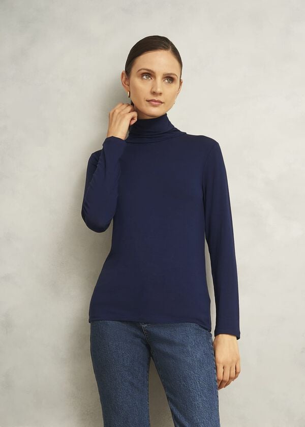 hobbs Navy Mischa Roll Neck Long Sleeve Top Midnight Navy