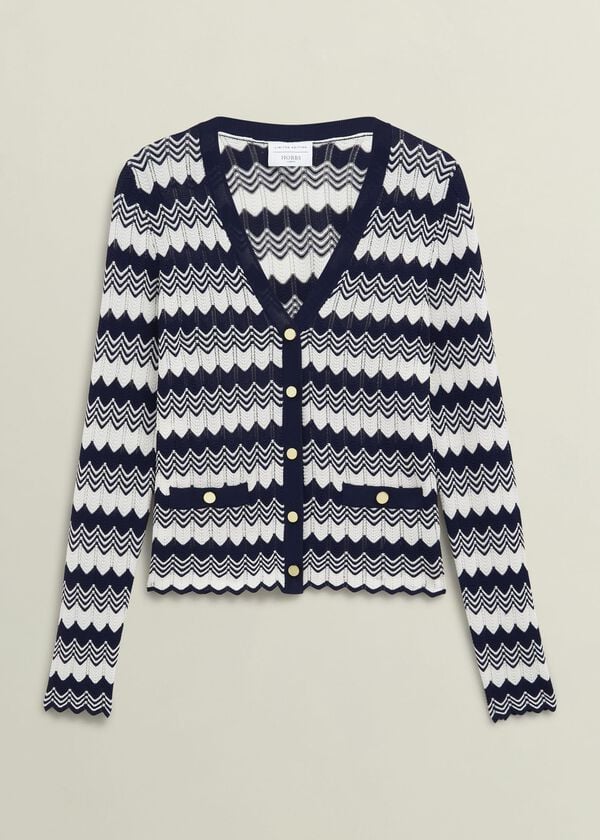 Hobbs Navy Osterley Chevron Stripe V Neck Knitted Cardigan Navy Ivory