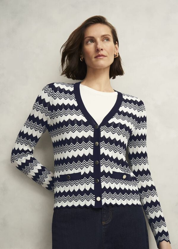 Hobbs Navy Osterley Chevron Stripe V Neck Knitted Cardigan Navy Ivory
