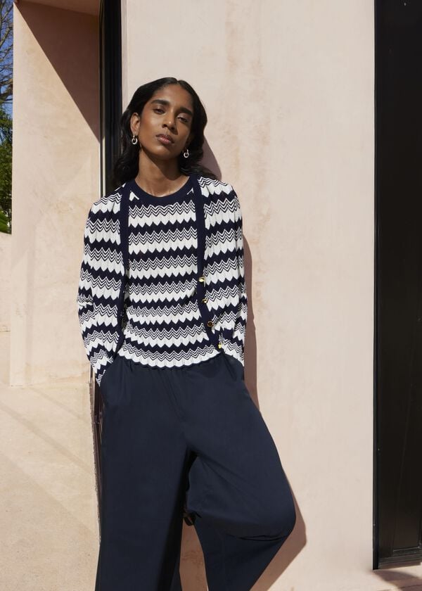 hobbs Navy Osterley Chevron Stripe V Neck Knitted Cardigan Navy Ivory