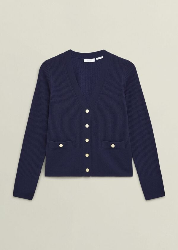 Hobbs Navy Yasmin Merino Wool V Neck Cardigan True Navy
